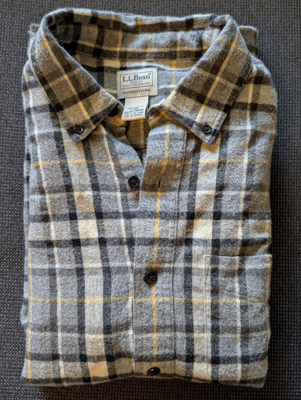 L.L. Bean Gray & Yellow Plaid Flannel Shirt Men's Large Slightly Fitted
